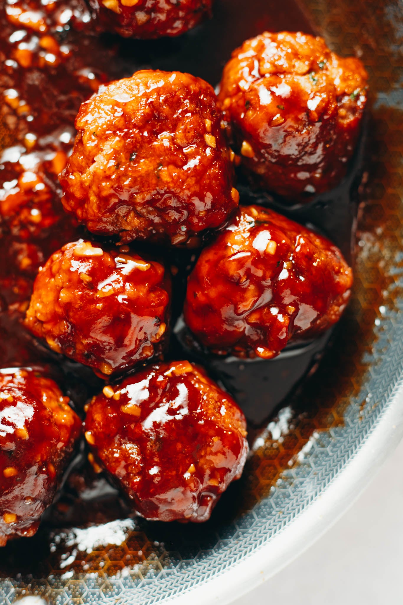 photo of vegan honey garlic meatballs in a pan