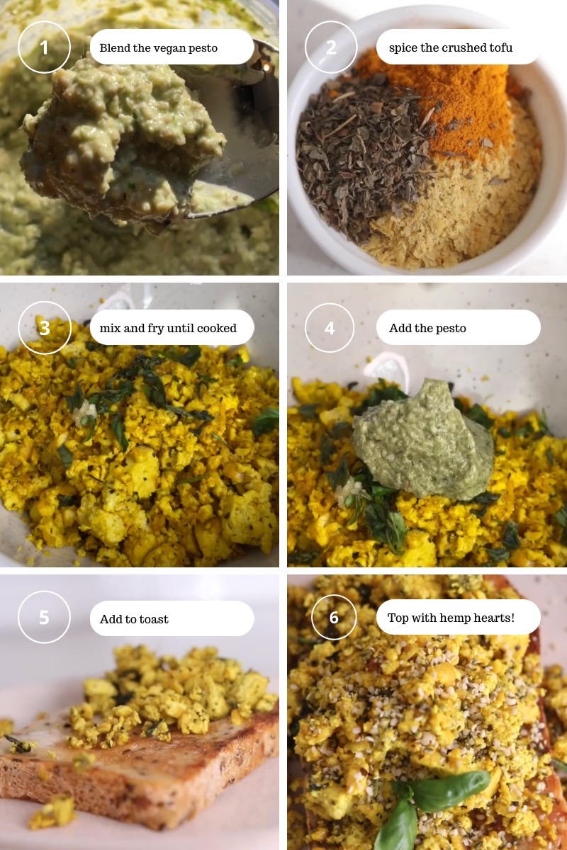 steps and numbered instructions for how to make high protein vegan tofu scramble with food photography