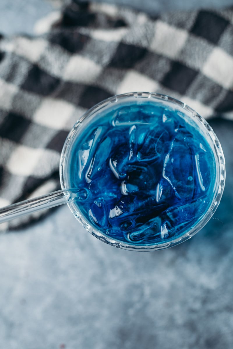 overhead picture of a refreshing blue sonic ocean water drink.