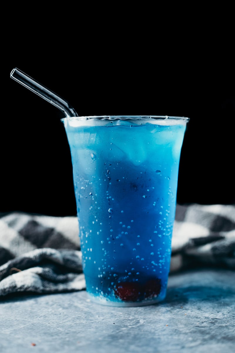 front facing picture of a refreshing blue sonic ocean water drink.